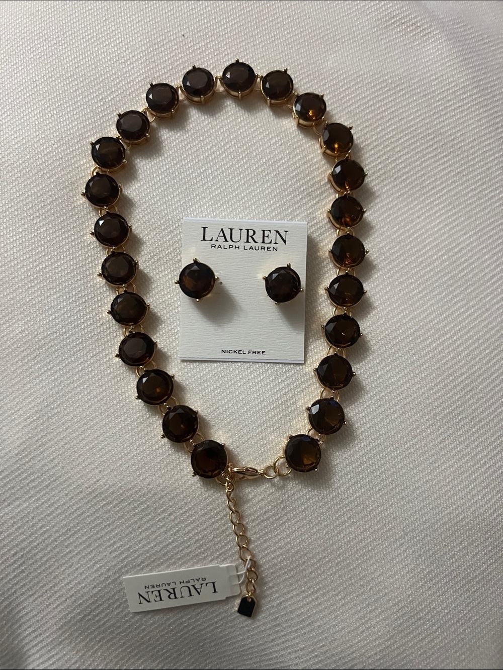 Lauren Ralph Lauren Gold Necklace and Brown Crystal Stud Earrings Set